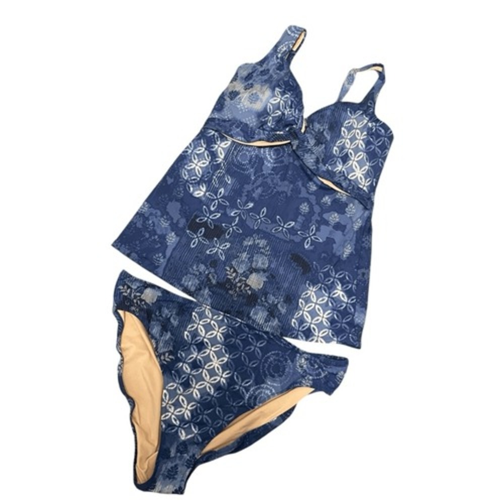 Garnet Hill Indigo Blue Floral Patchwork Tankini Two Piece Swimsuit Set NWT
